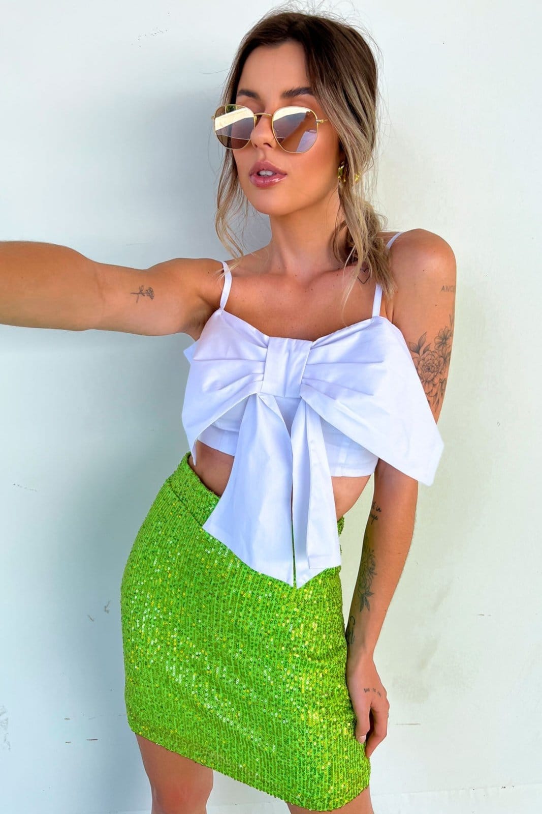 Vista 2 Saia Vanibele Paetê Vanibele verde