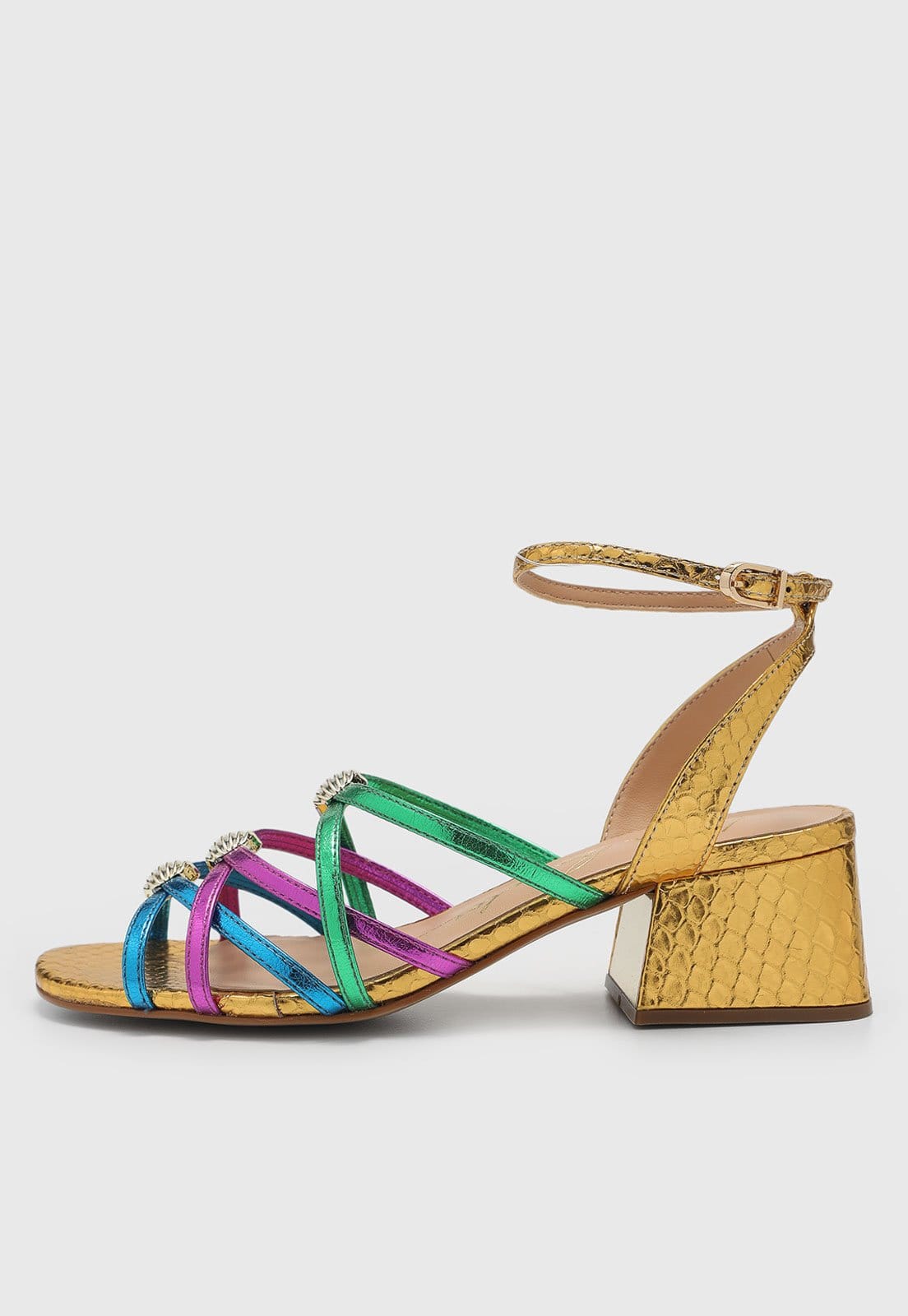 Vista principal Sandália Feminina Luiza Barcelos Salto Bloco Tiras Metalizadas Multicoloridas Dourada Luiza Barcelos dourado