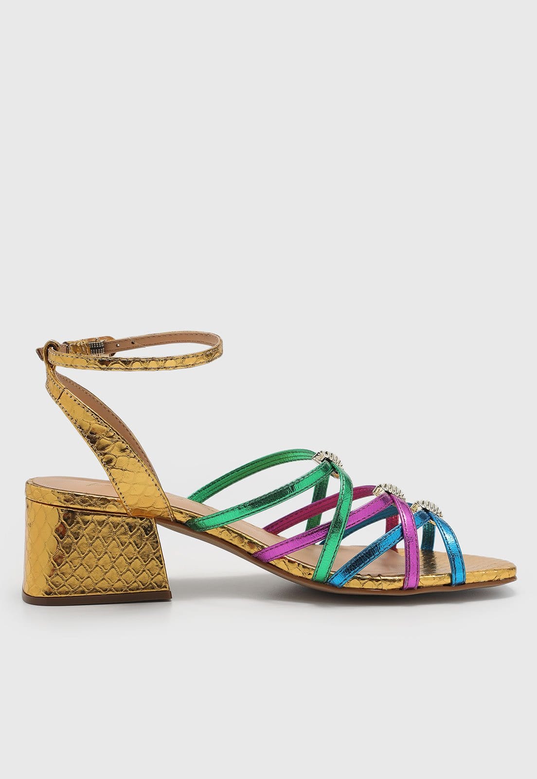 Vista 2 Sandália Feminina Luiza Barcelos Salto Bloco Tiras Metalizadas Multicoloridas Dourada Luiza Barcelos dourado