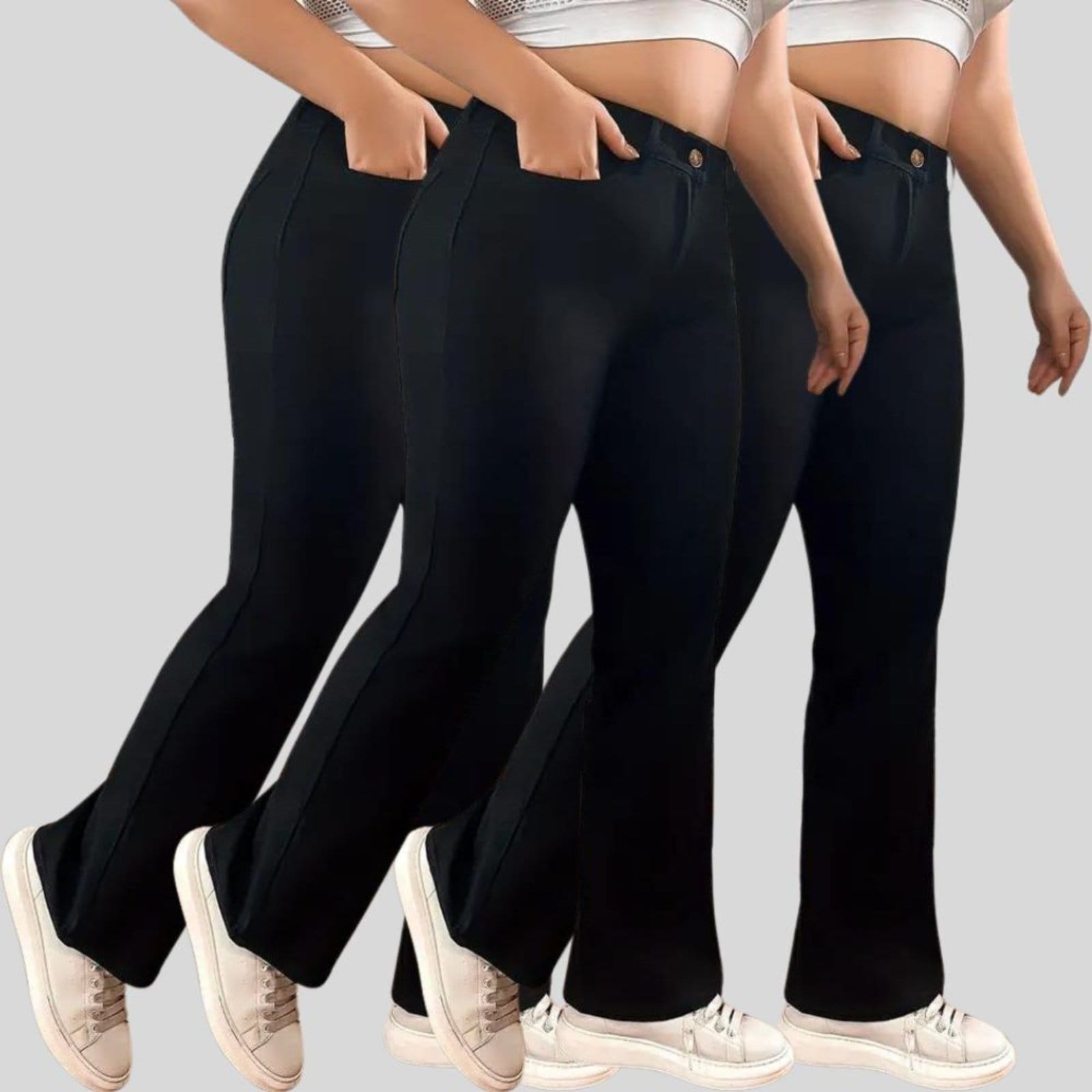 Kit 3 Calças Jeans Feminina Plus Size Flare Preta com Cintura Alta e Empina Bumbum Preta