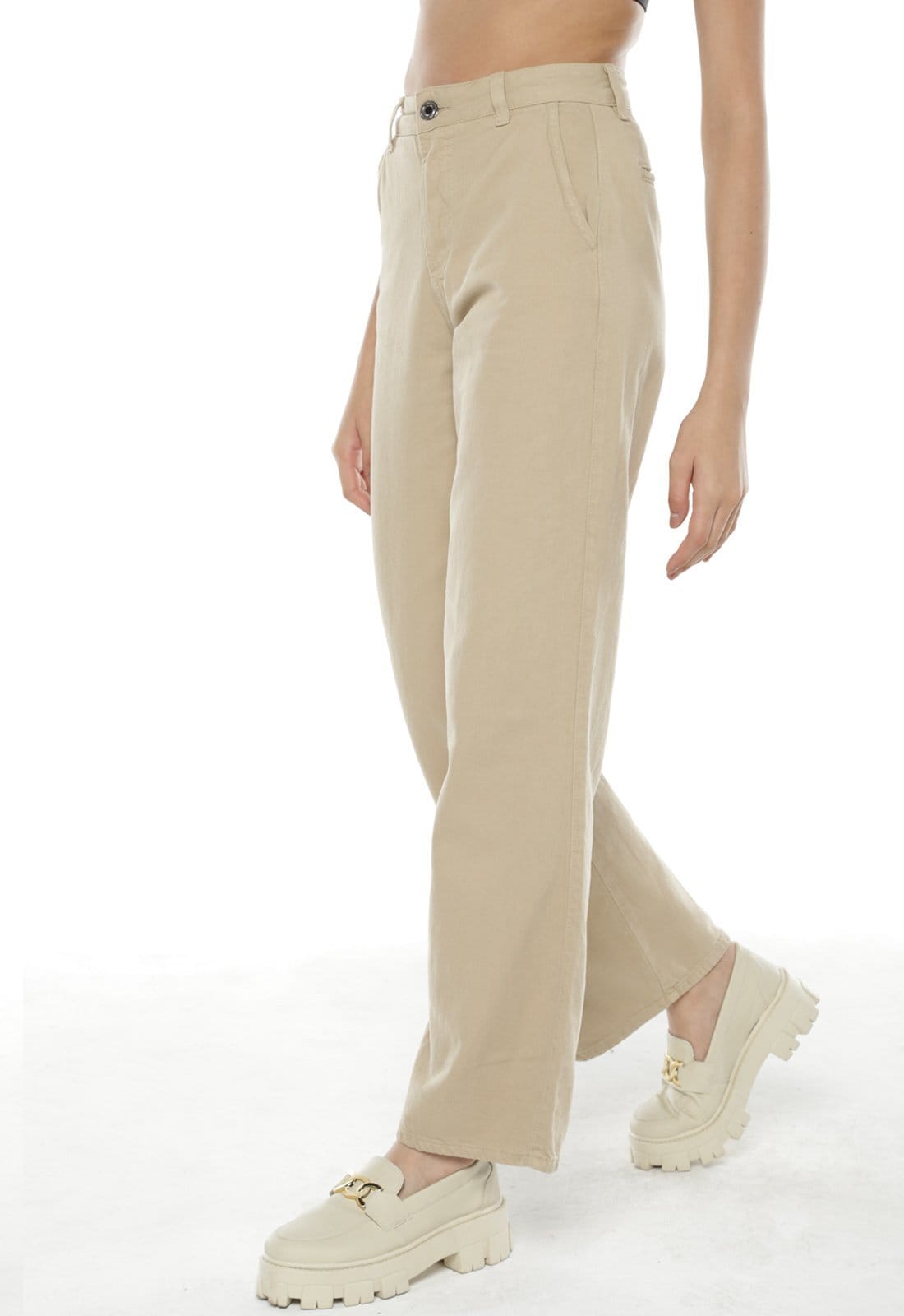 Vista 2 Calça Feminina Wide Leg de Sarja Sob SOB bege