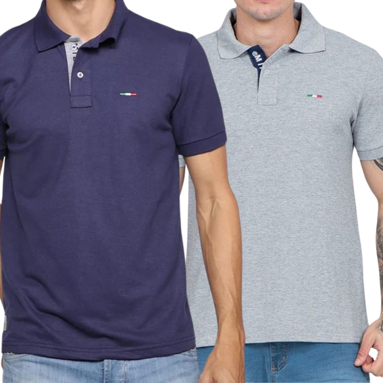 Kit 2 Polos Masculina Básicas FMF Piquet no Estilo Tommy Bordado Itália Marinho Cinza