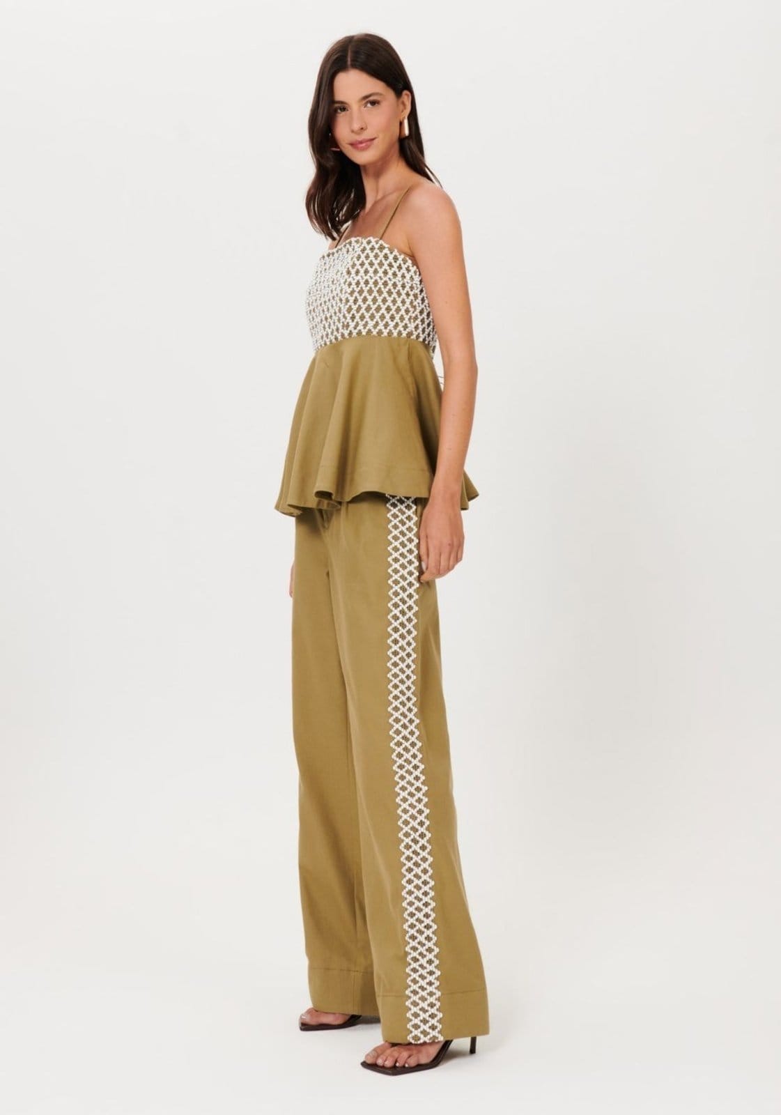 Calça Reta Cintura Alta Com Renda