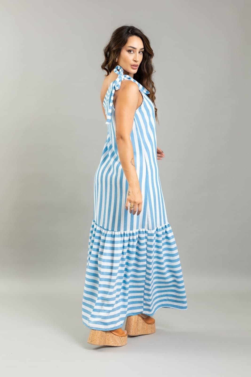 Vista 2 Vestido Lemier Alça Única Feminino Longo Listrado LEMIER azul