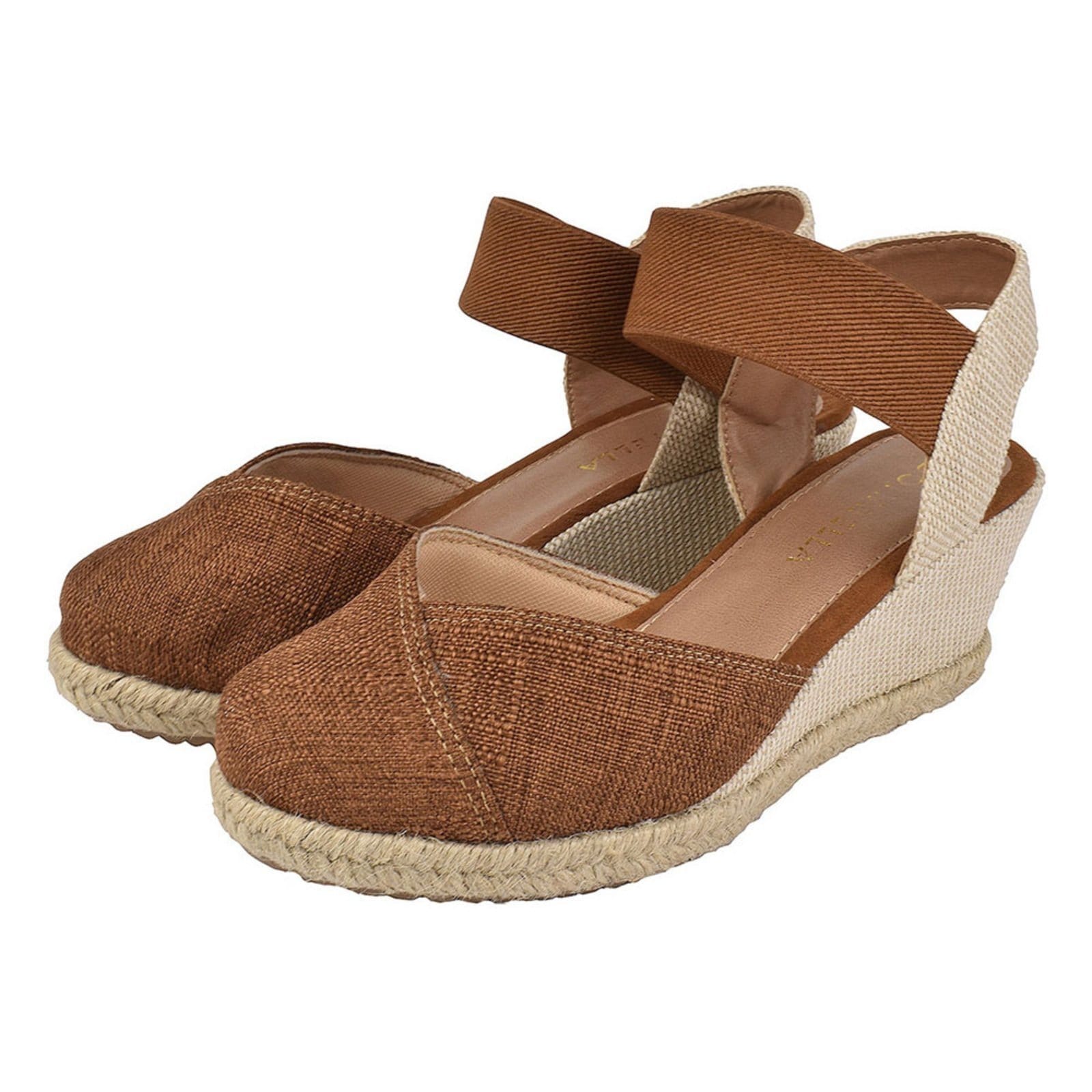 Sandália Anabela Feminina Plataforma CM Calçados Macia Juta Corda Natural Tecido Textura Elástico Caramelo