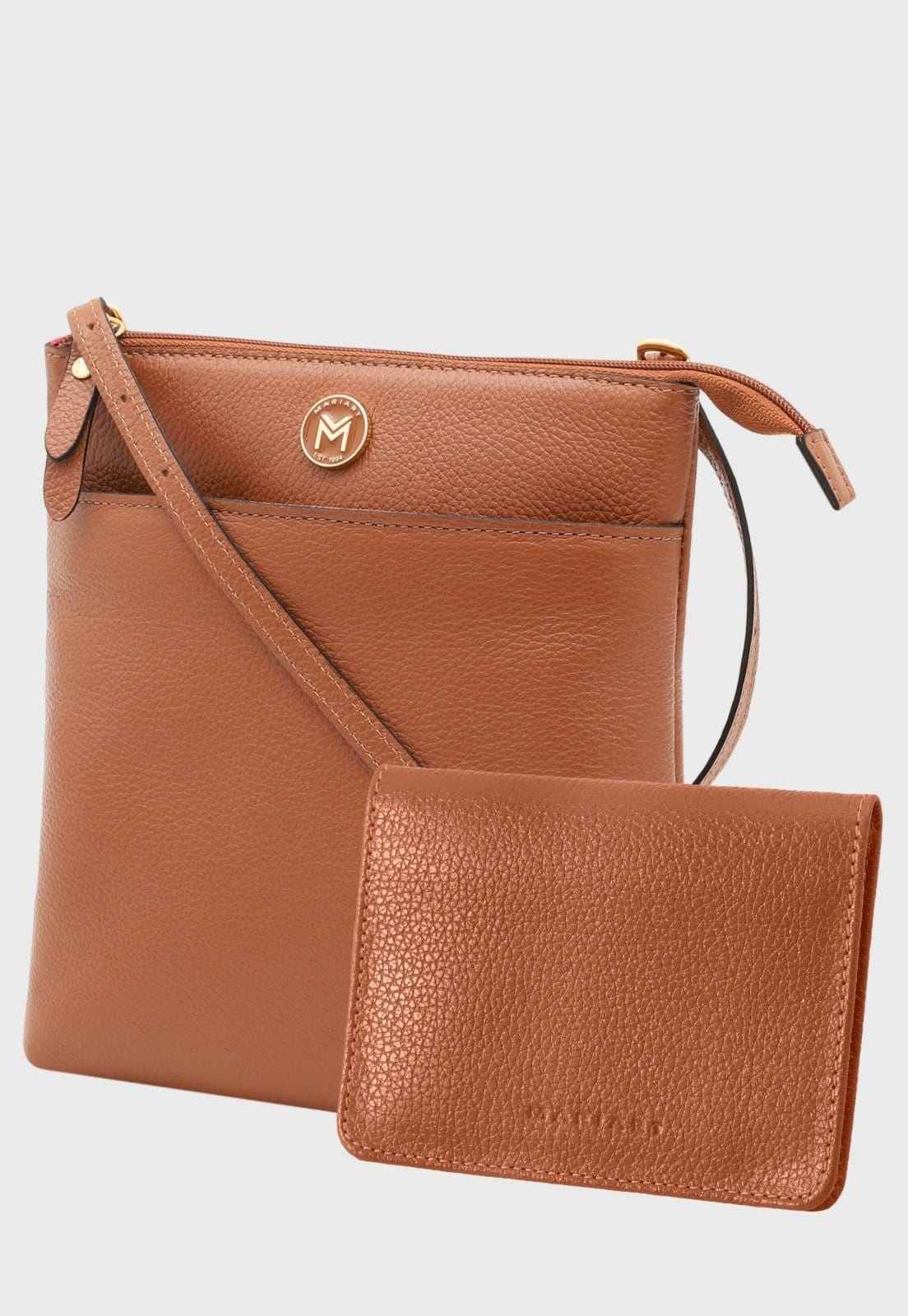 Kit Bolsa Transversal e Carteira de Couro Mariart Itacaré + 649 Camel