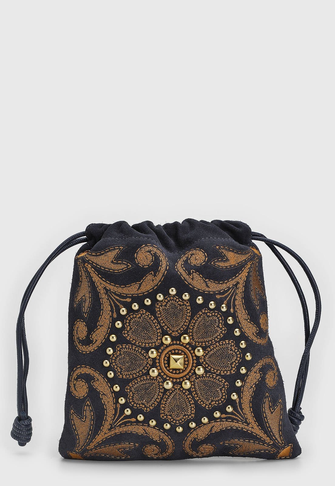 Vista principal Bolsa Média Luiza Barcelos Bordado Floral Dourado Azul-Marinho Luiza Barcelos azul marinho