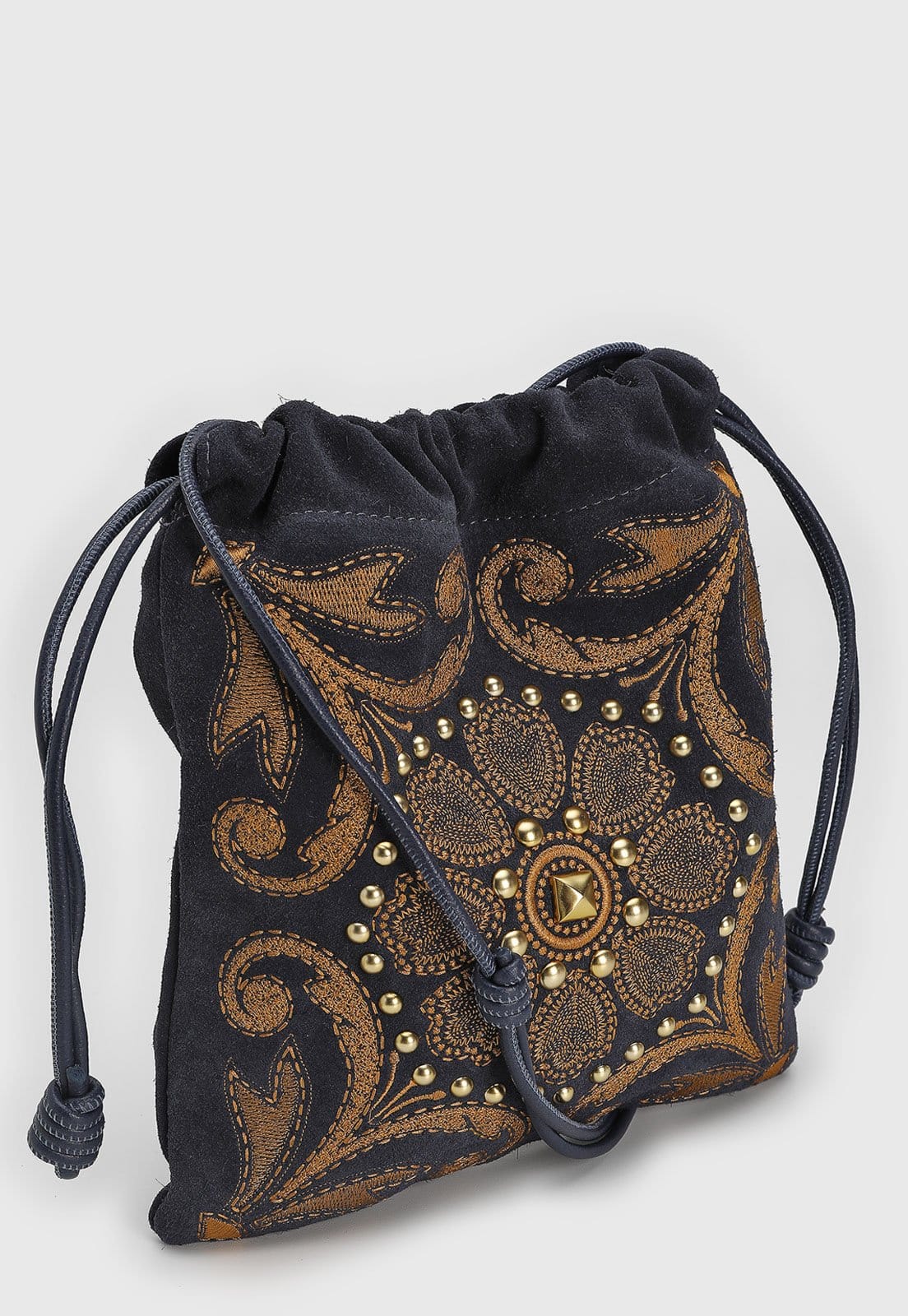 Vista 2 Bolsa Média Luiza Barcelos Bordado Floral Dourado Azul-Marinho Luiza Barcelos azul marinho