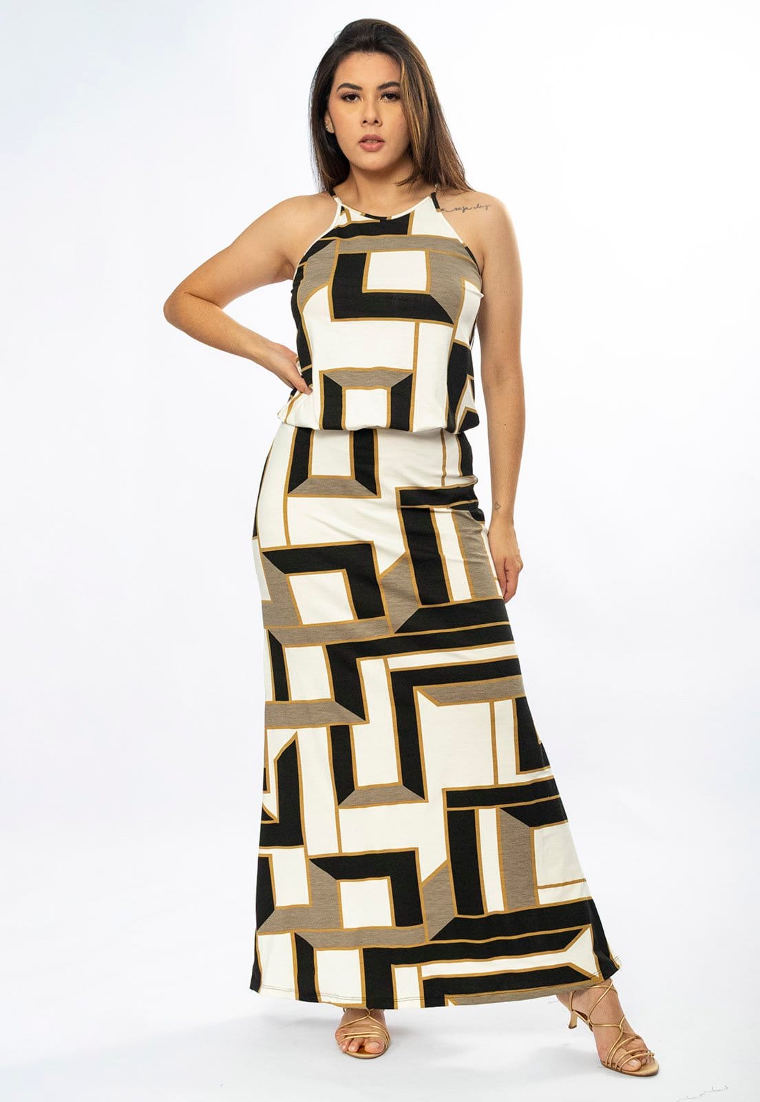 Vestido Longo Cabanafree Malha Trapézio com Elástico na Cintura Igaci