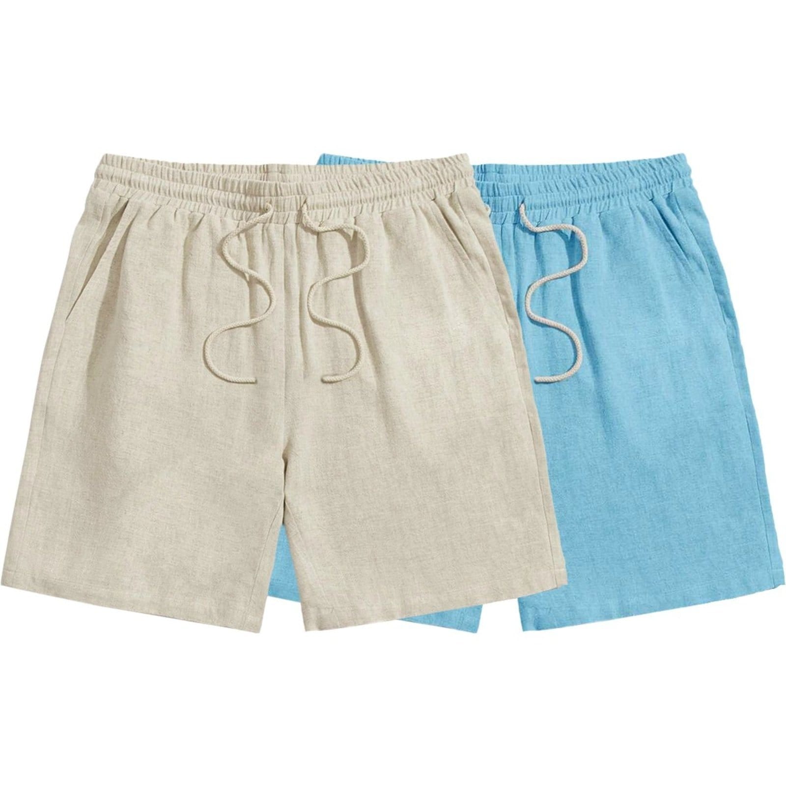 Kit 2 Bermuda Short Linho Premium Masculino Mauricinho Moda Praia - Bege + Azul