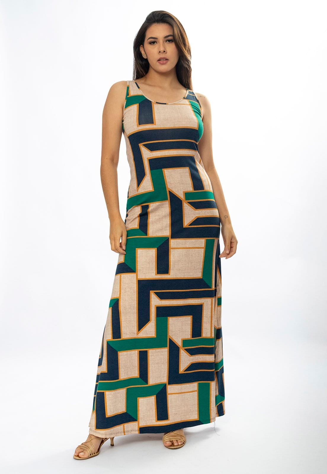 Vista 2 Vestido Longo Cabanafree Butiá Malha Regata Estampa Chapada de Areia Cabanafree azul/estampado/marrom