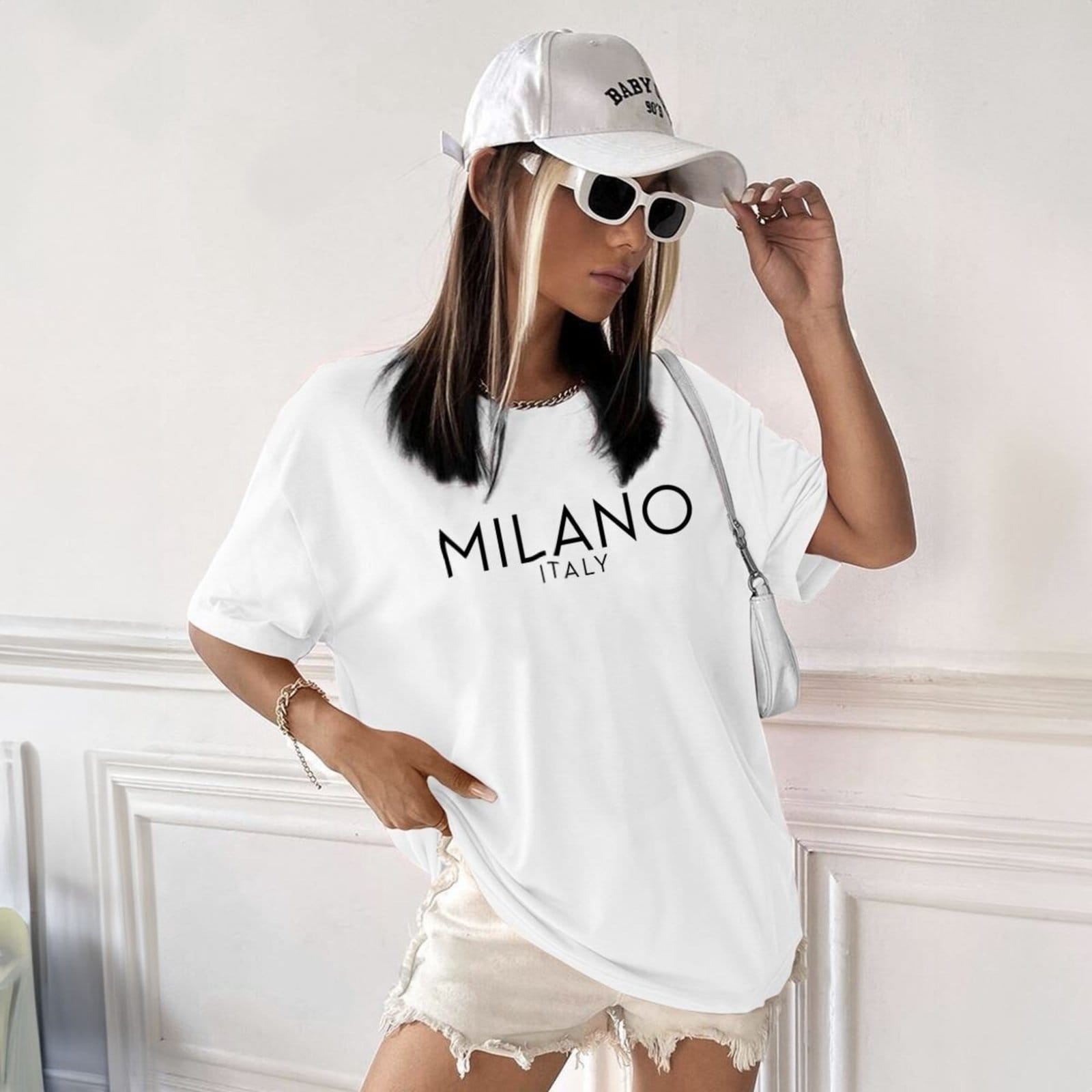 Vista 2 Camisa Camiseta Feminina Estampada Milano Italy 100% Algodão Fio 30.1 Penteado Genuine branco