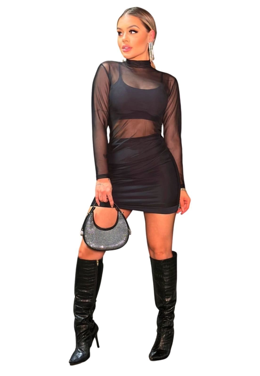 Vestido Carnaval 3 Peças Curto Manga Longa Tule Com Transparência Balada