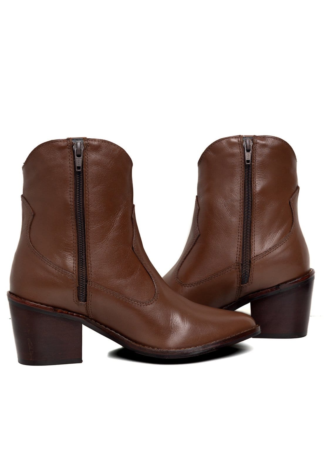 Vista 2 Bota Western Texana Bico Fino Cano Curto Country Couro Conhaque TELLINI STORE caramelo