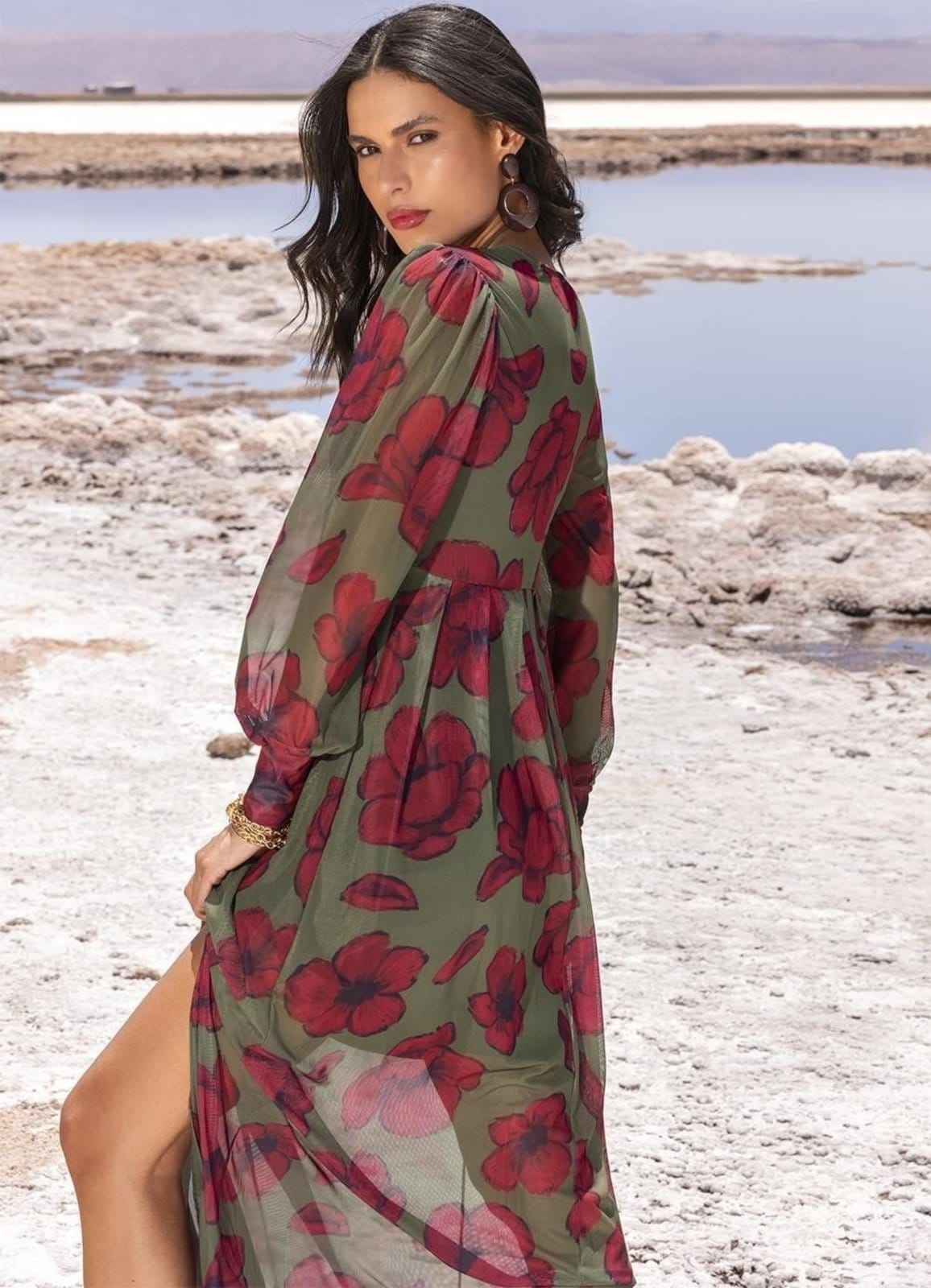 Vista 2 Vestido Tule Floral Silvestre Colorido Quintess verde