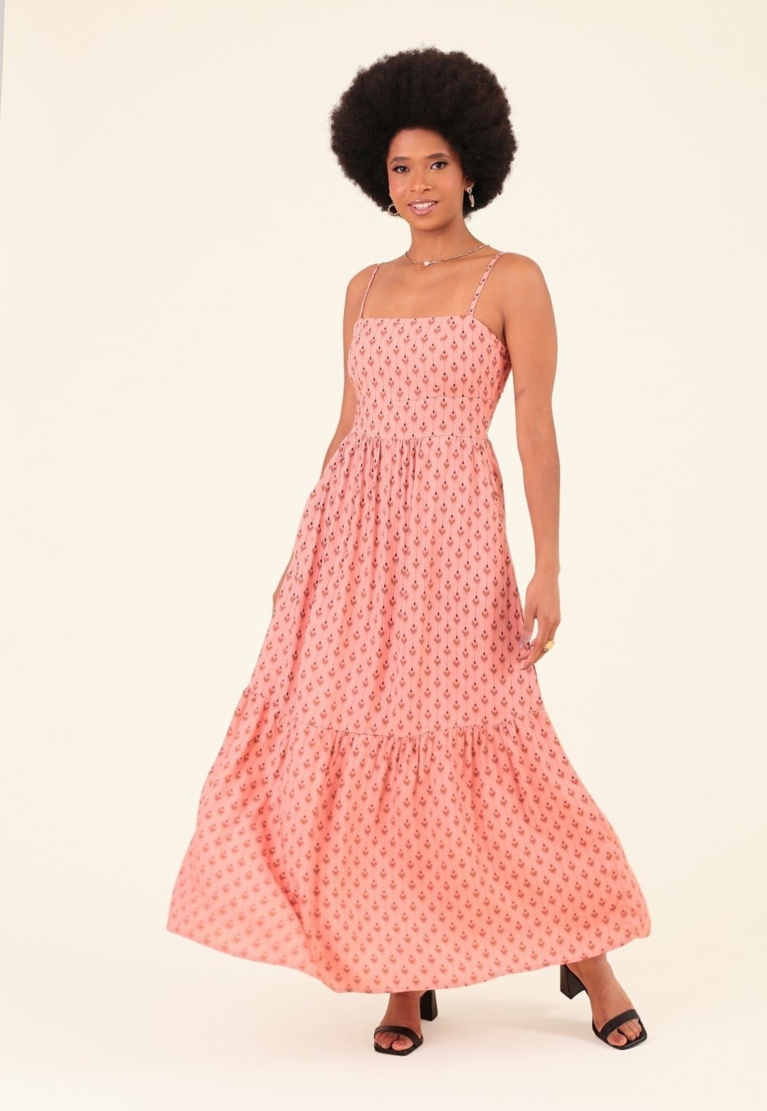 Vestido Midi Em Viscose Étnico Folk Alça Bolso