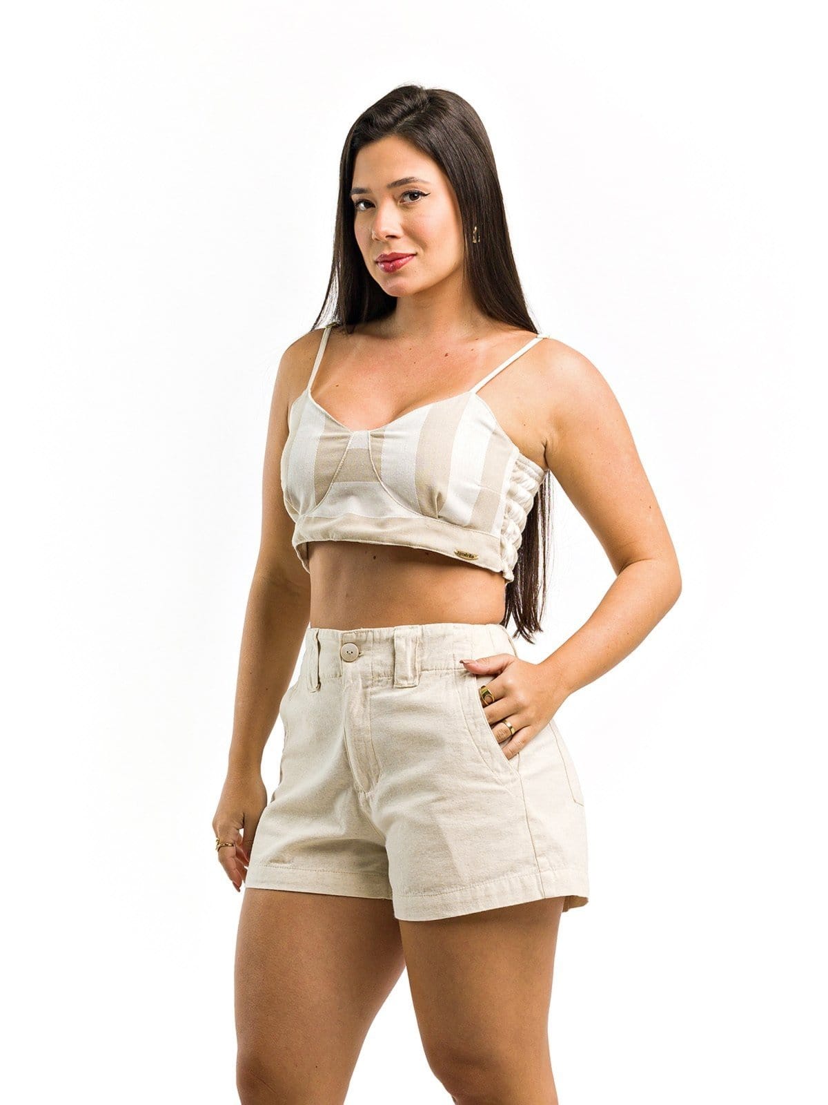 Vista 2 Short Restrito Jeans de Linho Natural - Bege Restrito Jeans bege natural