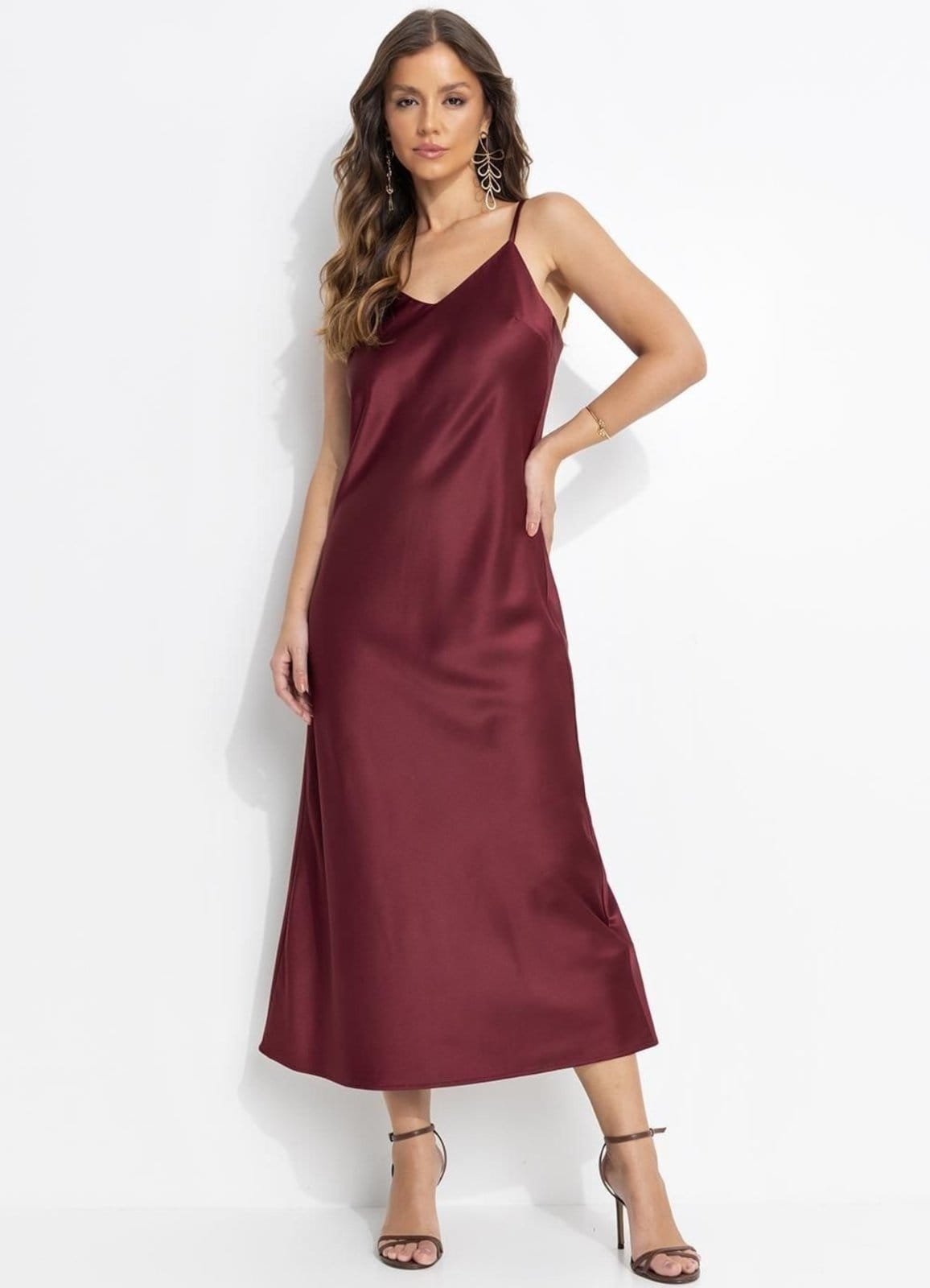 Vestido Slip Dress Crepe Plano Bordô