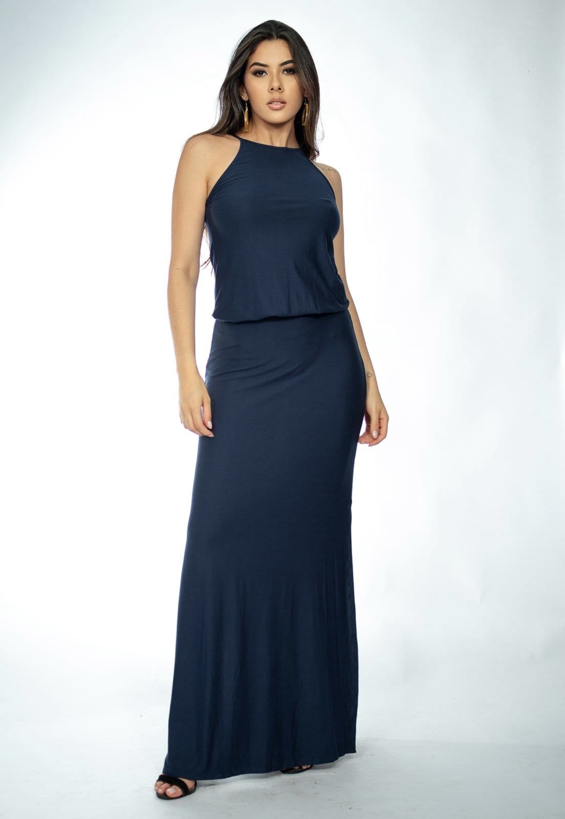 Vestido Longo Malha Trapézio com Elástico na Cintura