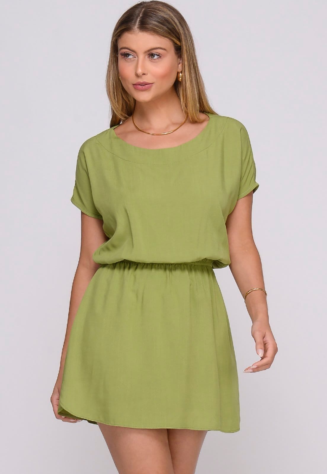 Vestido Curto M/C Elástico na Cintura Stela Pistache