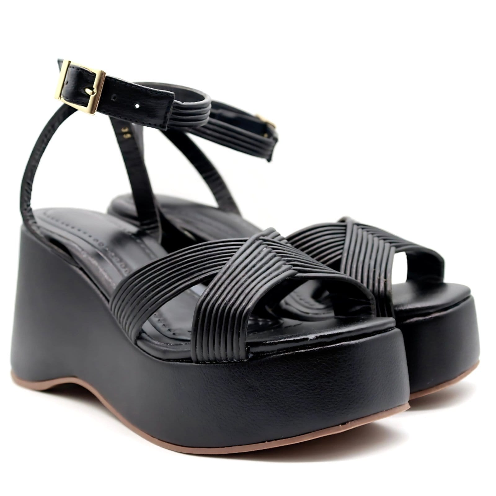 Vista 2 Sandália Plataforma Feminina Anabela Tira em X Delicada Floter 9000 Flor da Pele preto