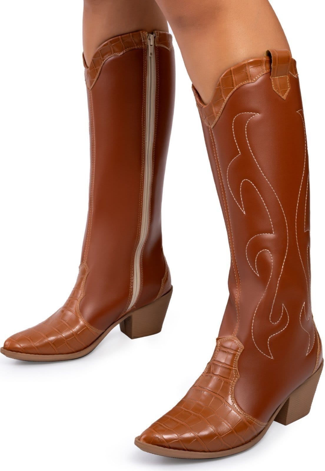 Vista 2 Bota Feminina Western Lumiss Texana Bico Fino Salto Grosso Confortável Country Marrom LUMISS caramelo
