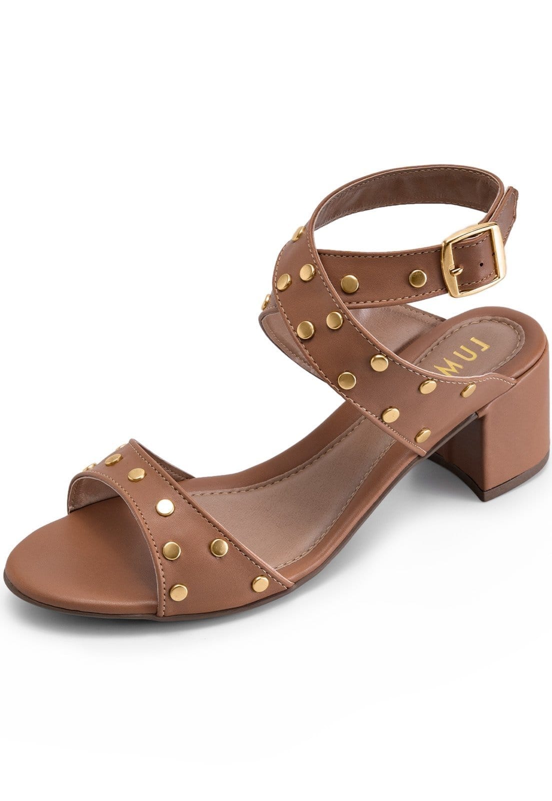 Sandália Feminina Lumiss Salto Baixo Bloco Confortável Bico Redondo Tachas Amêndoa