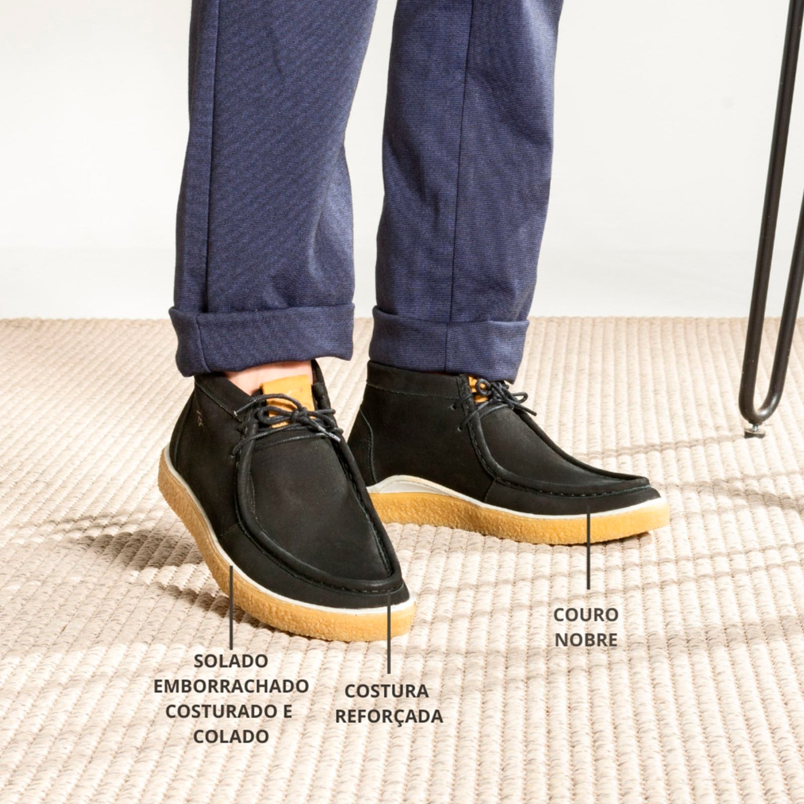 Vista 2 Bota Masculina London Em Couro Estilo Vintage Rústico Sola Crepe Cacareco Leve FRANCA GRIFFE preto