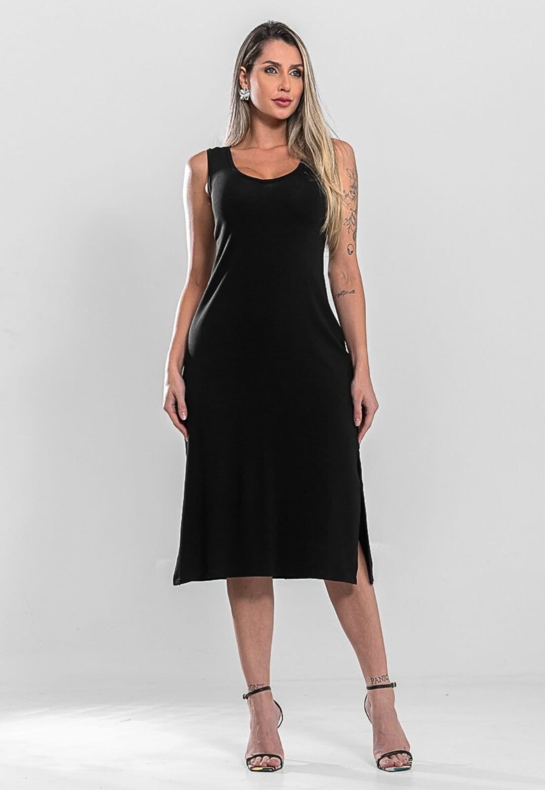 Vista 2 Vestido Regata Midi e Fenda Lateral ajustes nas Costas Tecido Comfortavel Docce Mulher preto