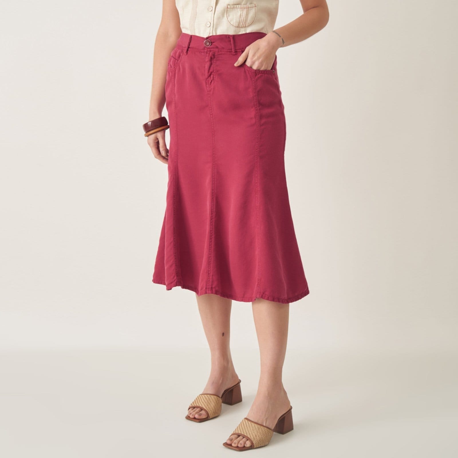 Saia Midi Sereia em Liocel com Recortes