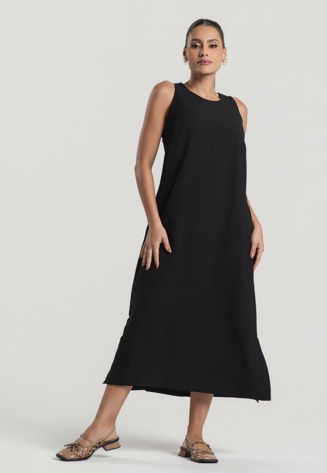 Vista 2 Vestido Midi Alfaiataria Marrant Regata Com Fendas e Bolsos Salvatore Salvatore Fashion preto