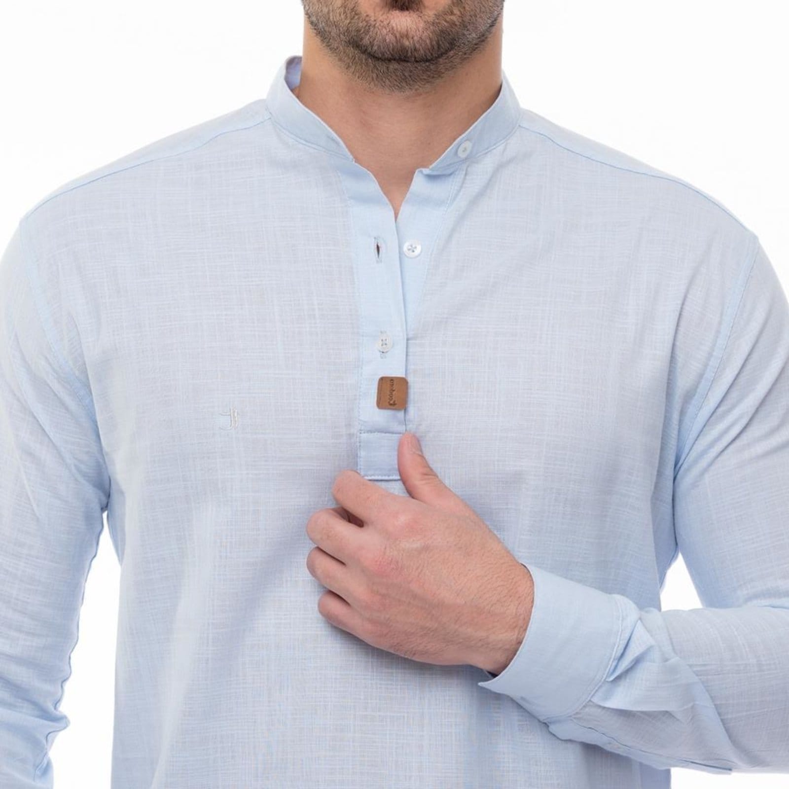 Vista 2 Camisa Social Bata Masculina Gola Padre Moderna Linho Casual Claro P TEODORO CAMISARIA azul