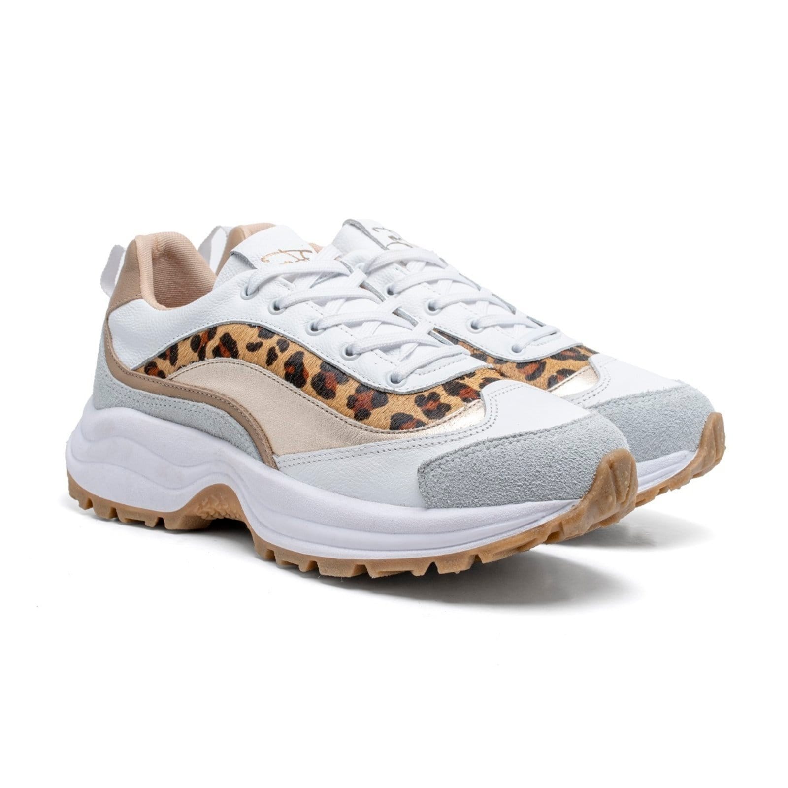 Tênis Casual Couro Sneaker Feminino Solado Chunky Tratorado Amarração +Onça