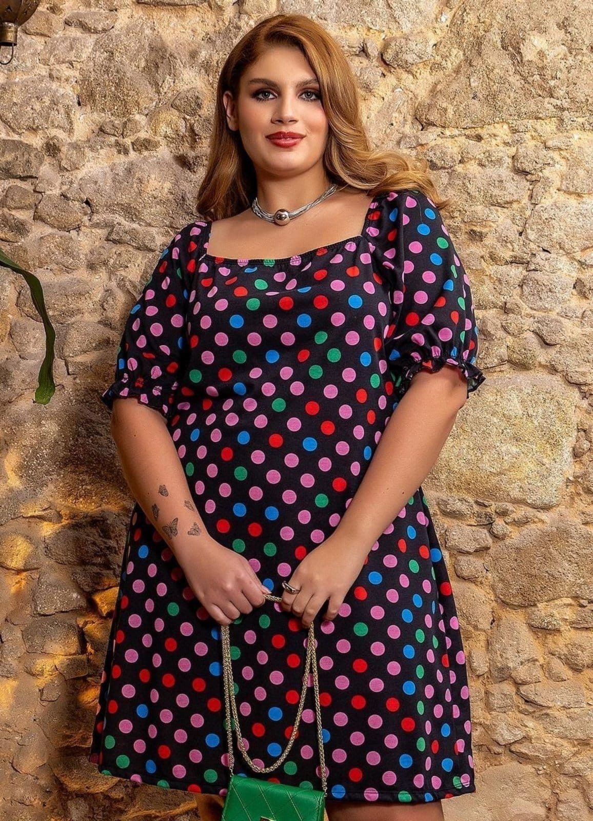 Vestido Em Malha Poá Colorido