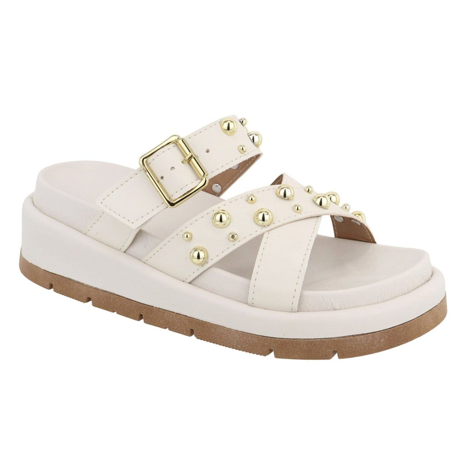 Sandália Papete Feminina Estilosa Plataforma Sola Alta Confortável Bolinhas Off White