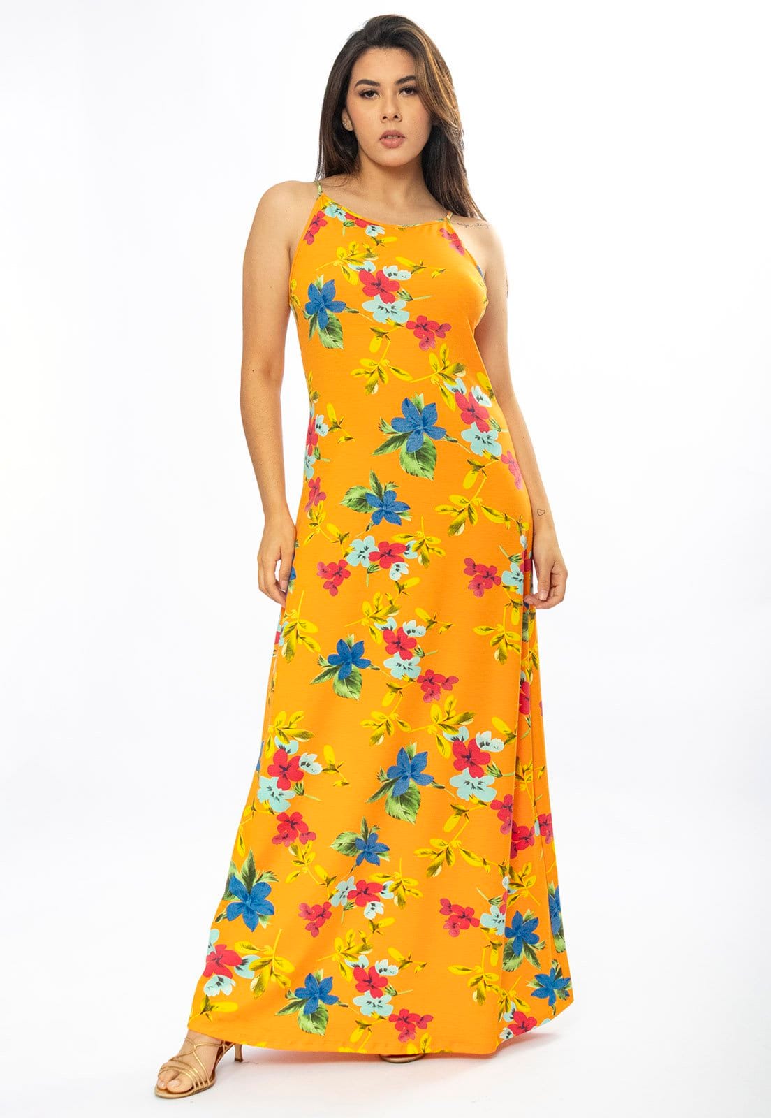 Vestido Longo Cabanafree Malha Trapézio Laranja Floral