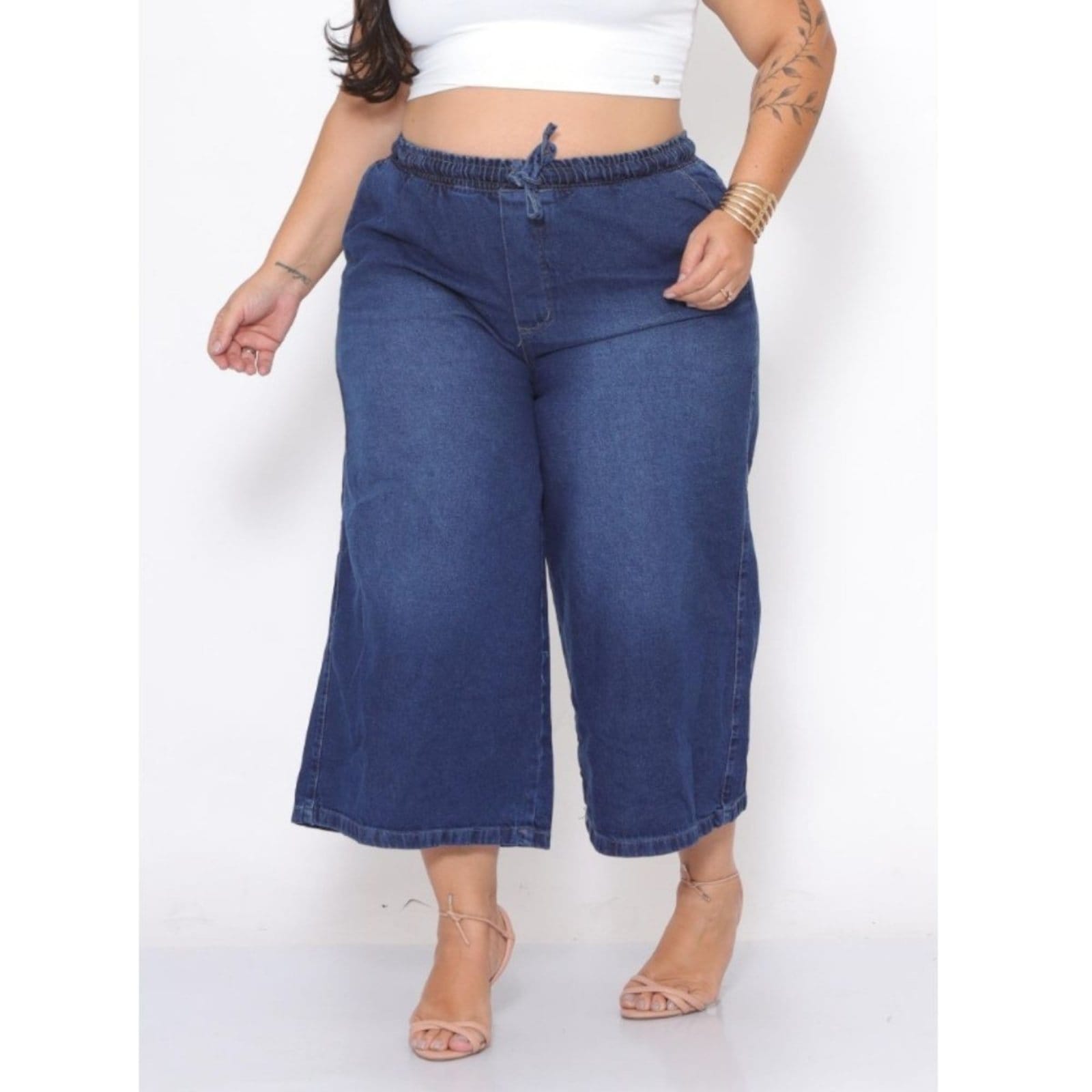 Calça Pantacourt Feminina Plus Size Jeans Manchada