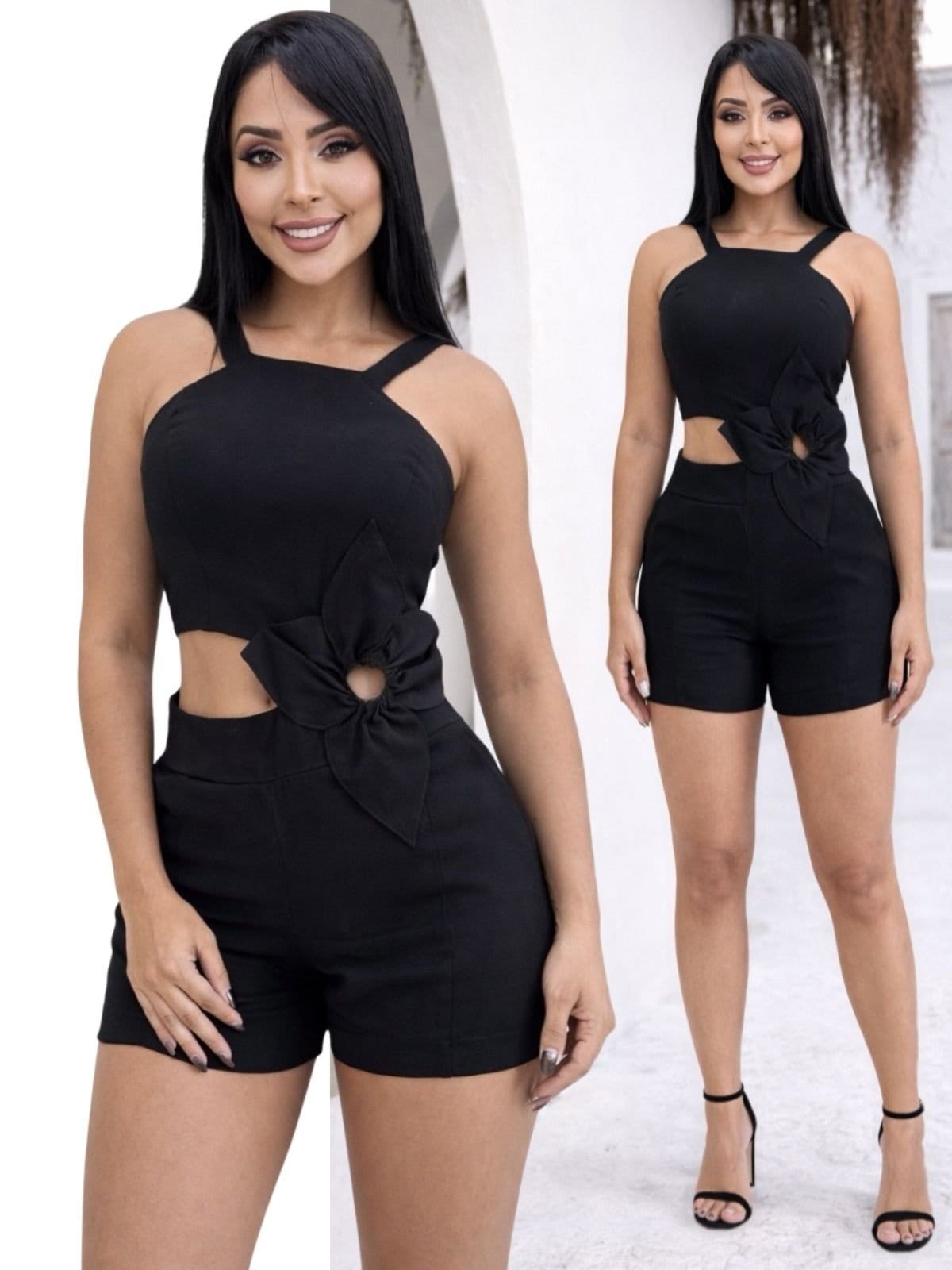 Macacão curto feminino alfaiataria tropical fashion flor 3d na cintura 2nv