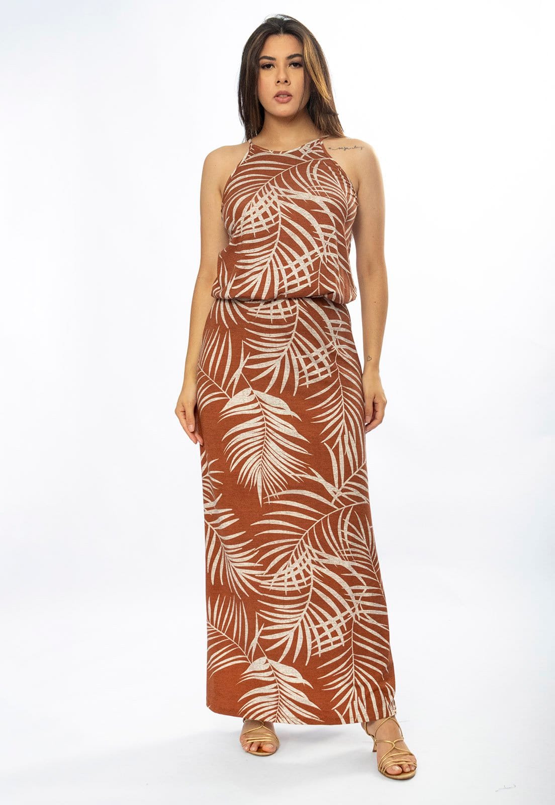 Vista 2 Vestido Longo Cabanafree Malha Trapézio com Elástico na Cintura Palmas da Terra Cabanafree estampado/off-white