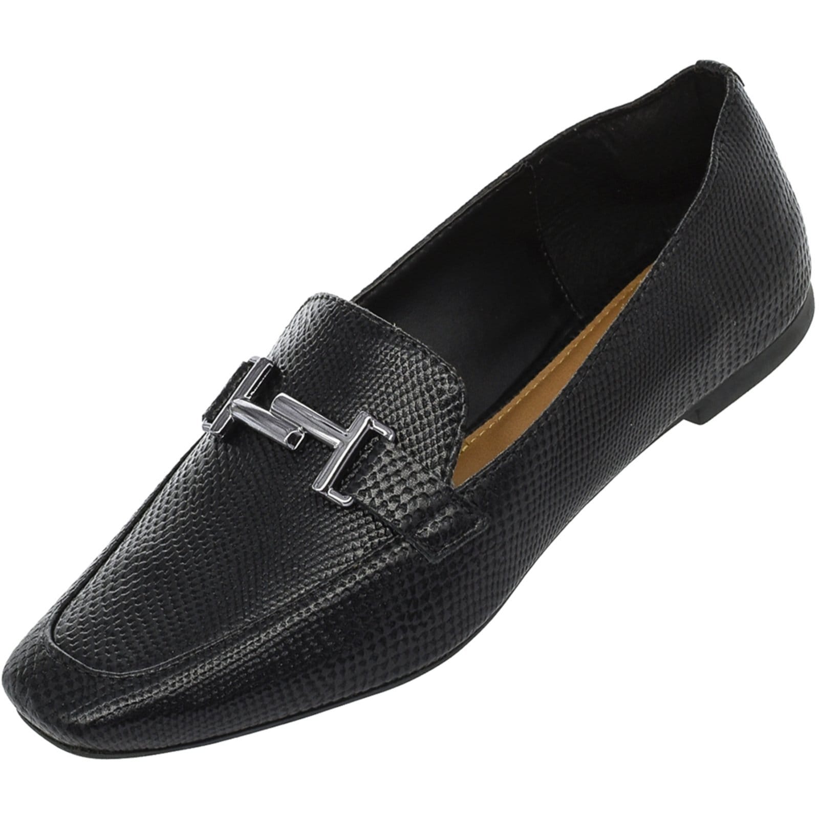 Vista 2 Sapato Feminino Mocassim CM Calçados Bico Quadrado Confort Lizard Monte Shoes preto