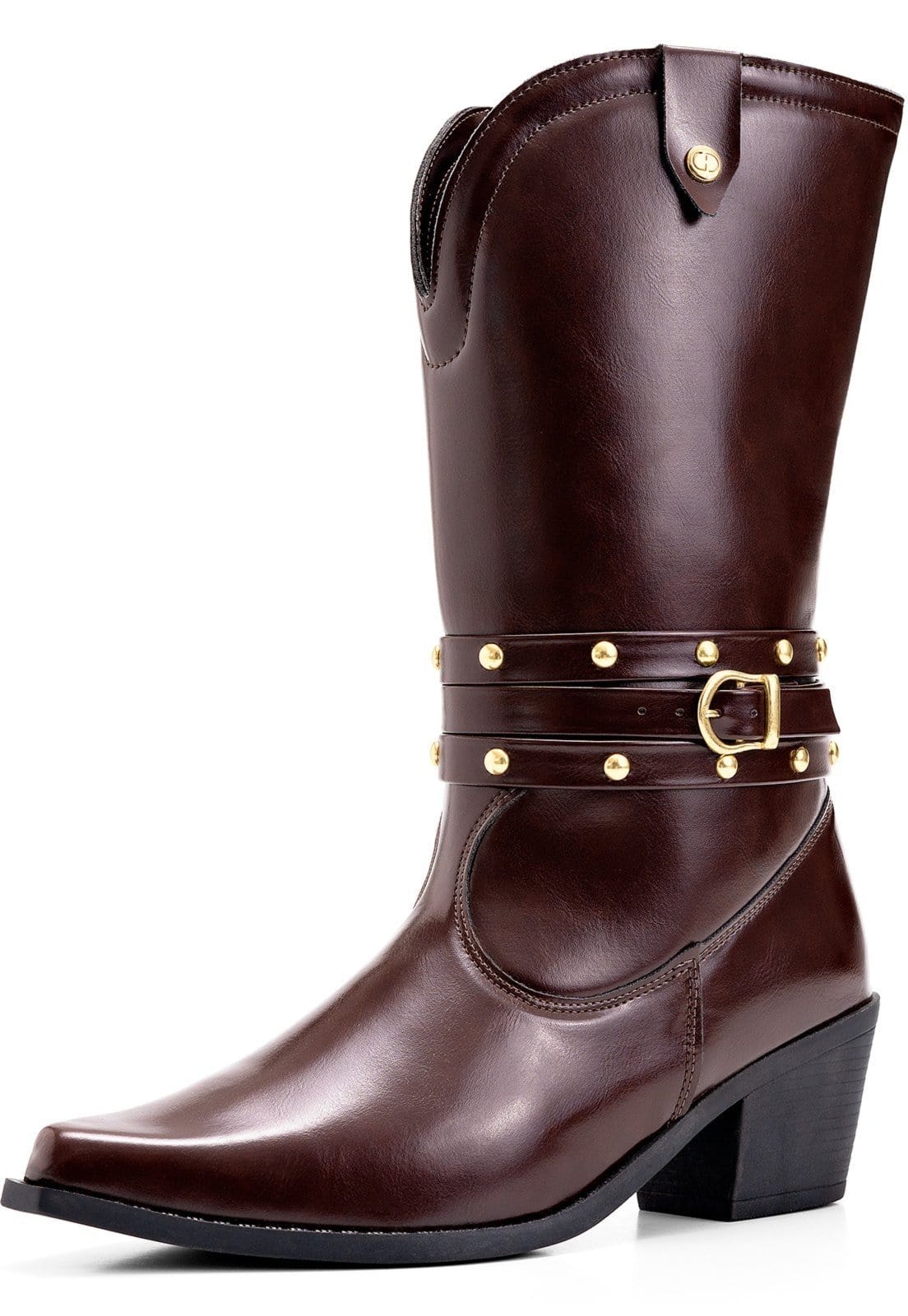 Bota Feminina Lumiss Country Western Cano Médio Salto Baixo Bico Fino Tachas Fivela