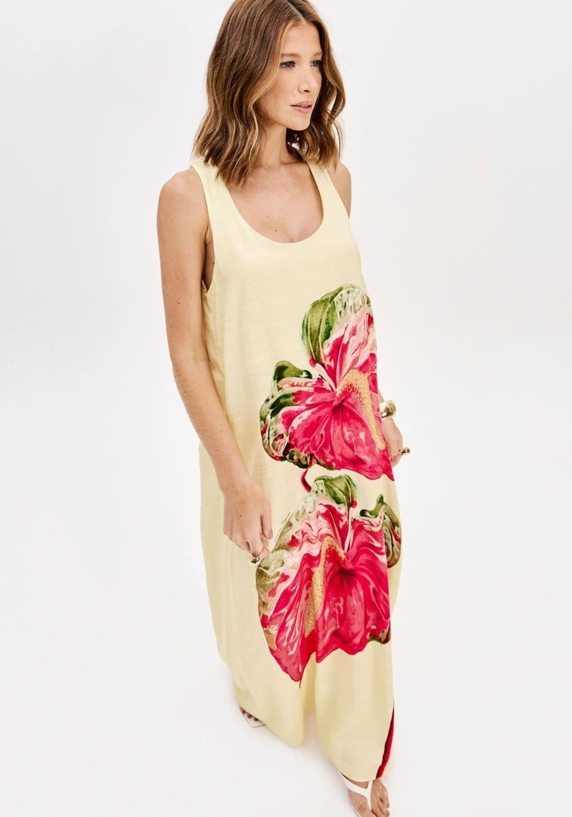 Vista 2 Vestido Longo Sem Mangas Com Cinto Lança Perfume rosa