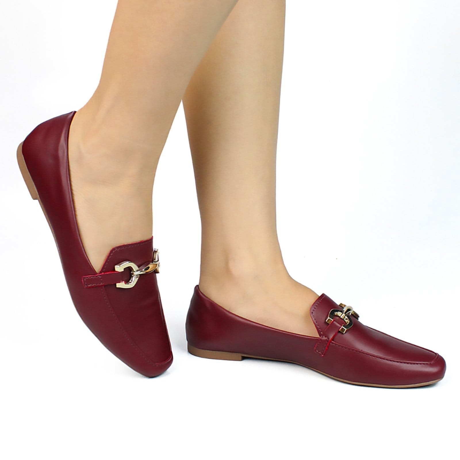 Vista 2 Sapato Feminino Mocassim CM Calçados Confort Bico Quadrado Santorine Marsala Monte Shoes vinho