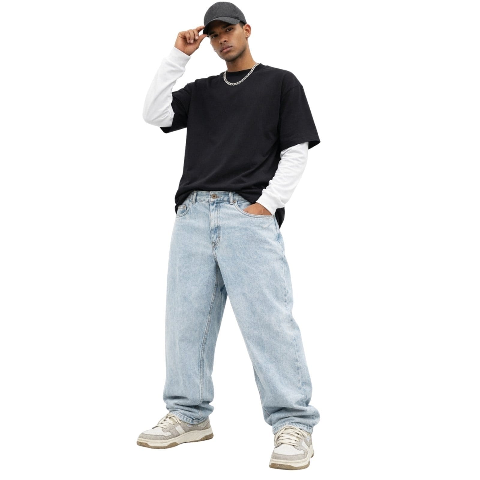 Vista 2 Kit 2 Calças Jeans Relaxado Masculina Modelo Bag Reta Com Bolsos Estilo Streetwear Relaxado azul