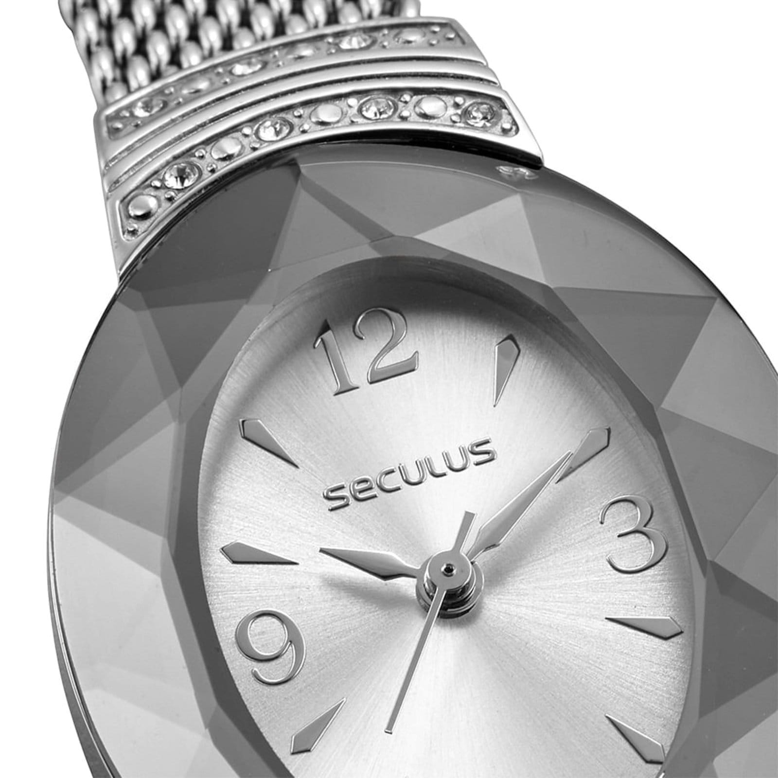 Vista 2 Relógio Feminino Seculus Oval Vidro Facetado Seculus prata