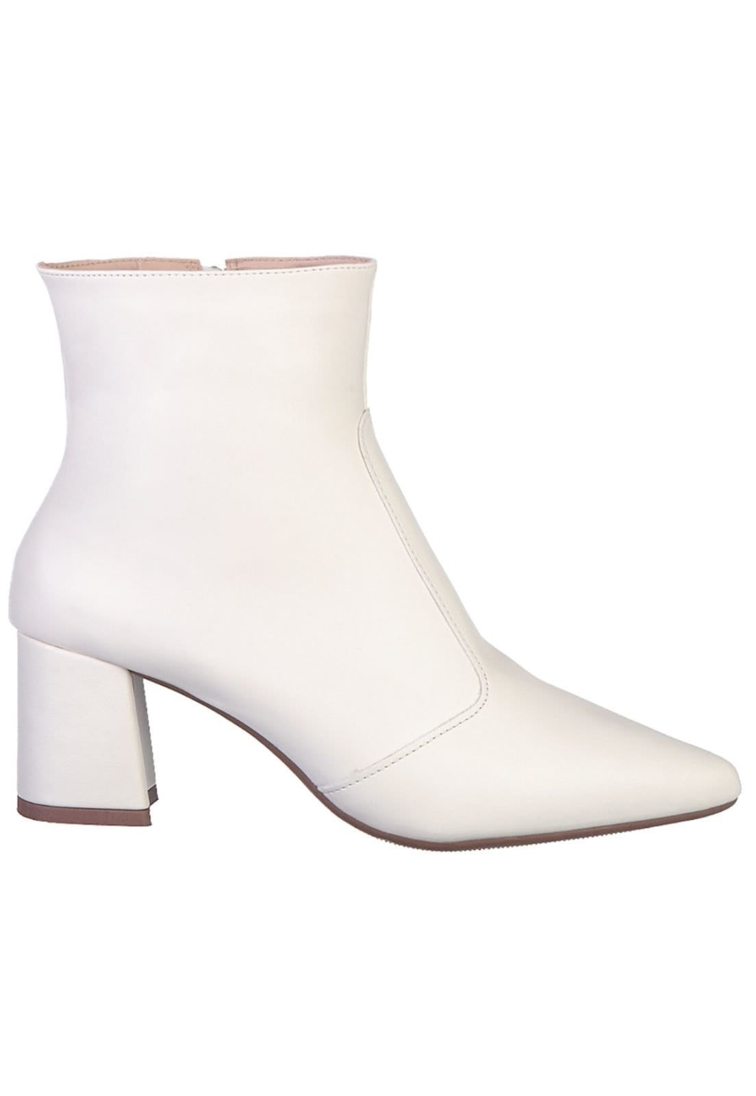 Bota Off White Branca Feminina Cano Curto Salto Grosso Bico Fino