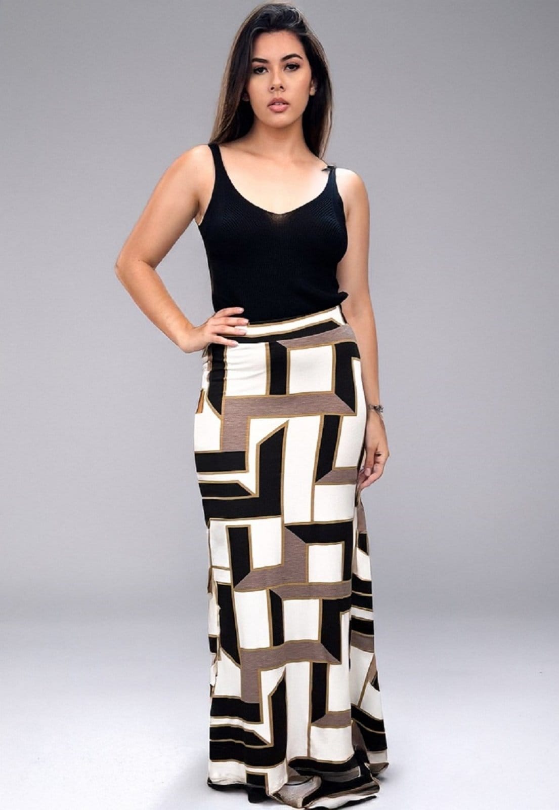 Vista principal Saia Longa Malha Sereia Estampa Igaci Cabanafree branco/estampado/preto