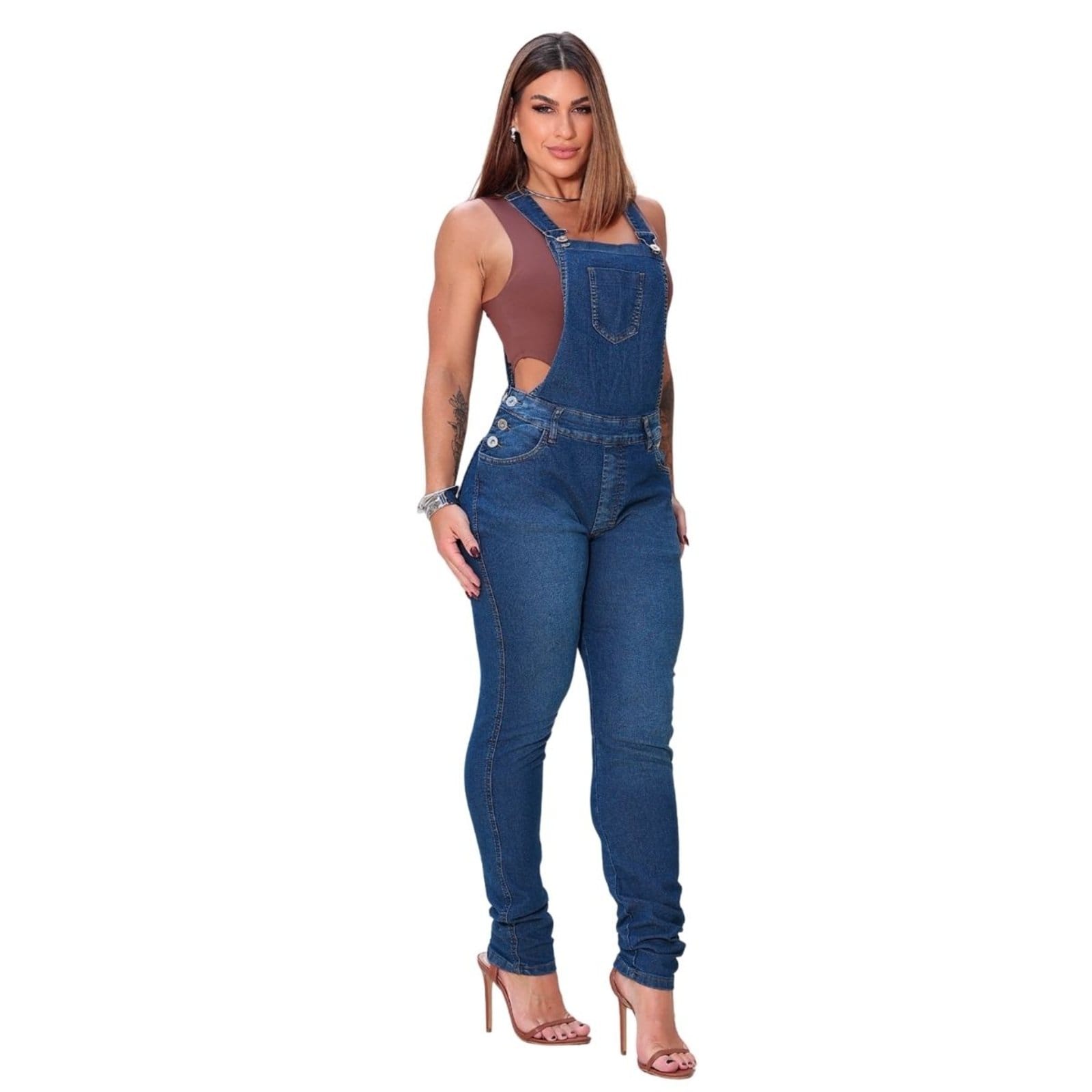 Vista principal Macacão Jardineira Moda Feminina Jeans Loka jeans