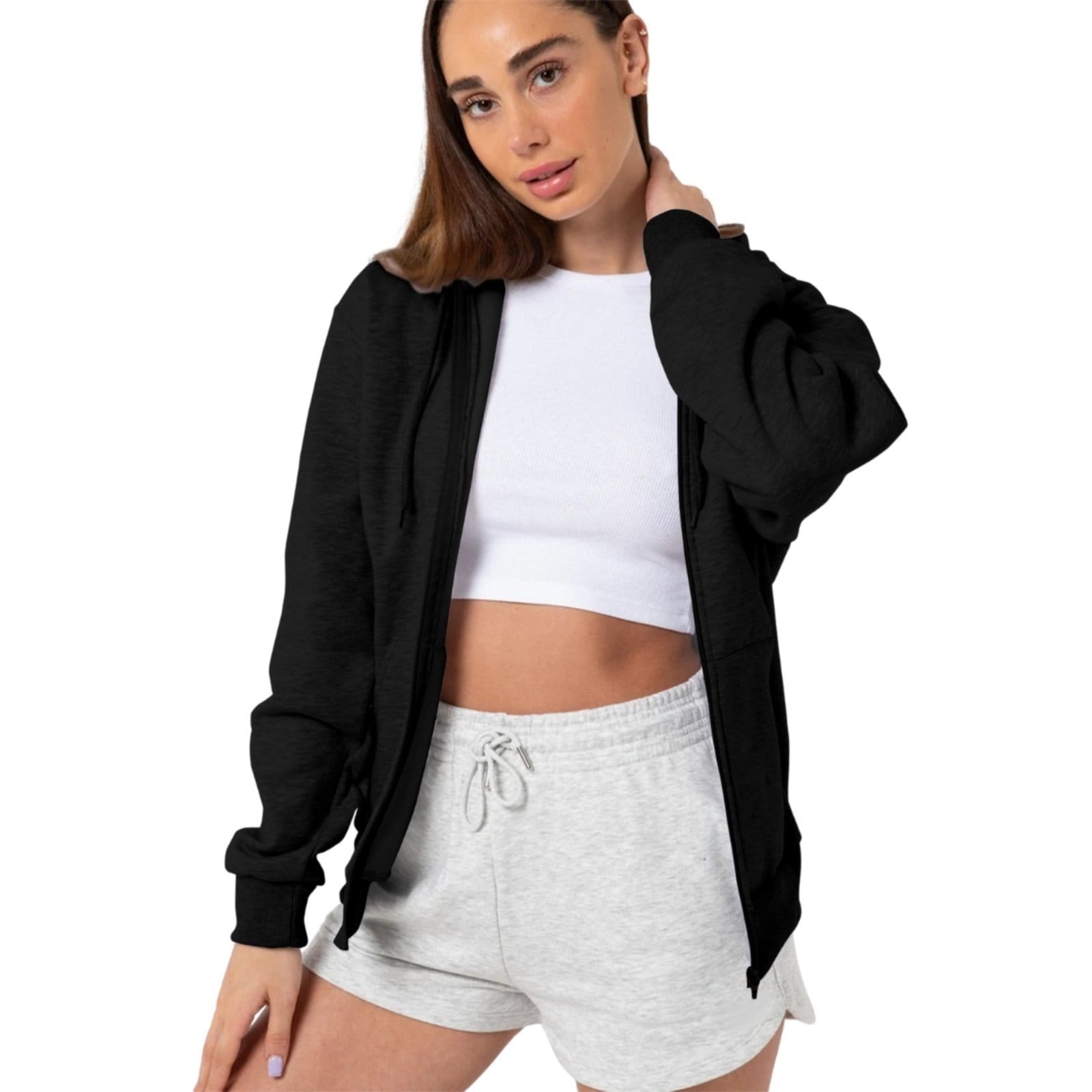 Blusa Moletom Feminina de Zíper Com Capuz e Bolso Canguru 2 Cores Estilo Casual Liso