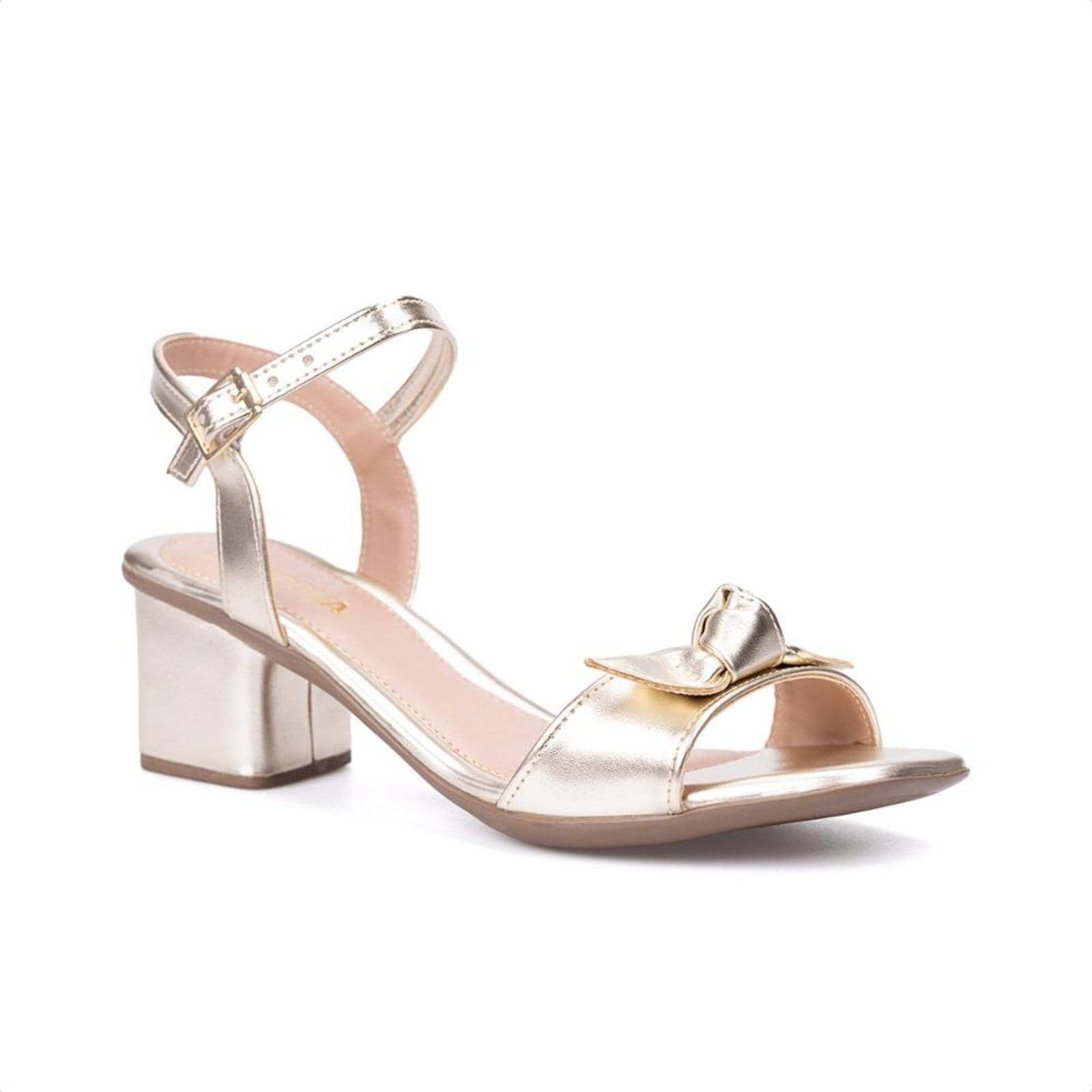 Sandália Feminina Dourada Salto Bloco Tira Com Laço Bico Redondo